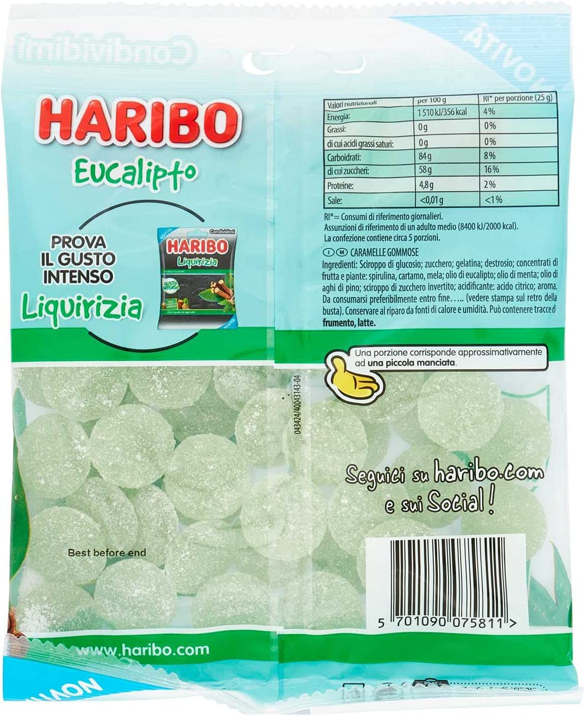 Haribo Eucalipto 140 g Caramelle Gommose al gusto Eucalipto, Gusto intenso, Senza Coloranti Artificiali, Ideali per grandi e piccoli