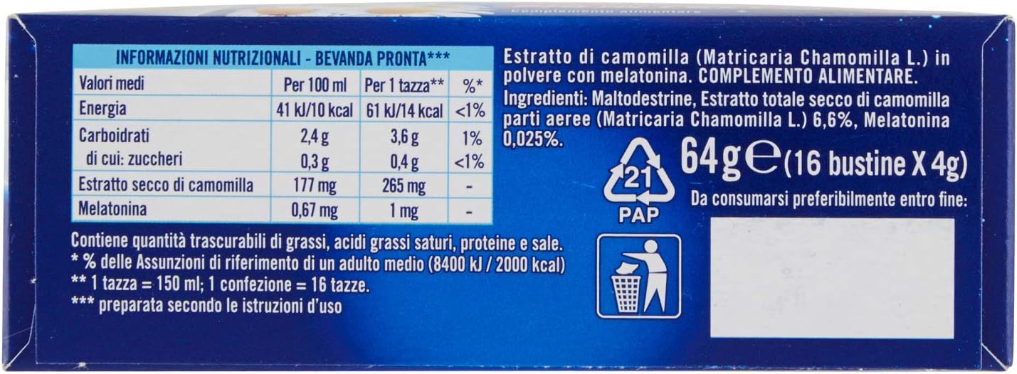 Camomilla Sogni d'oro solubile con melatonina, 16 Filtri, senza zuccheri e glutine, immediatamente solubile, facile da preparare, sonno rapido.
