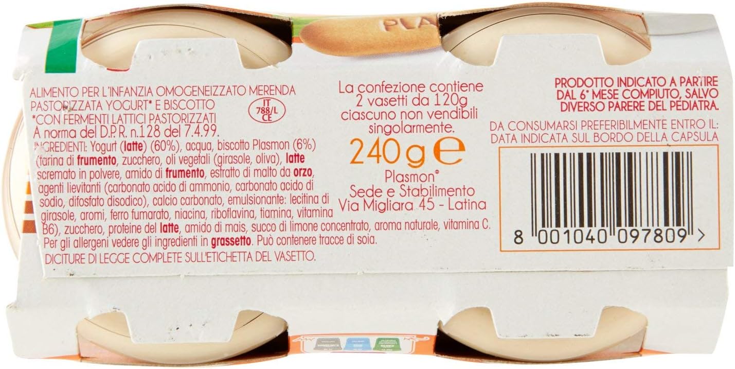 Plasmon Merenda Yogurt e Biscotto Omogeneizzato con Fermenti Lattici Pastorizzati, 2 x 120g