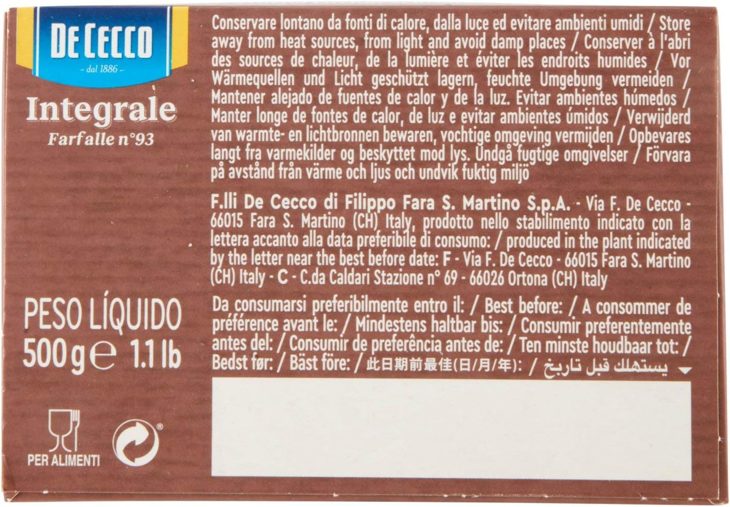 De Cecco 147710 Farfalle Integrali N°93, 500 Gr