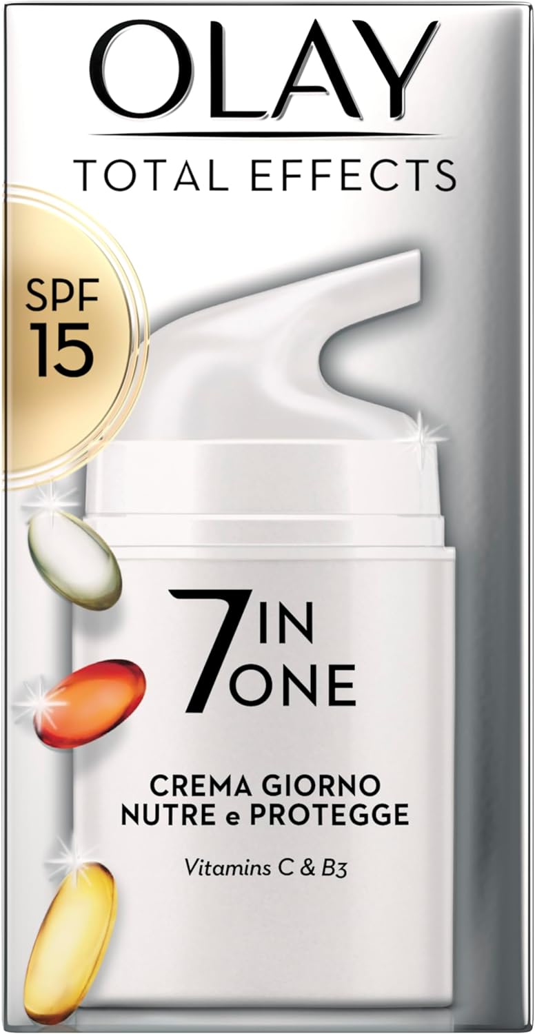 Olay/ Olaz Crema Viso Giorno Total Effects 7in1, Idratante , con SPF15 e Vitamine Antiossidanti C e B3, Pelle Nutrita e Protetta in un Unico Passaggio, Dosatore e Scatola Riciclabili, 50ml