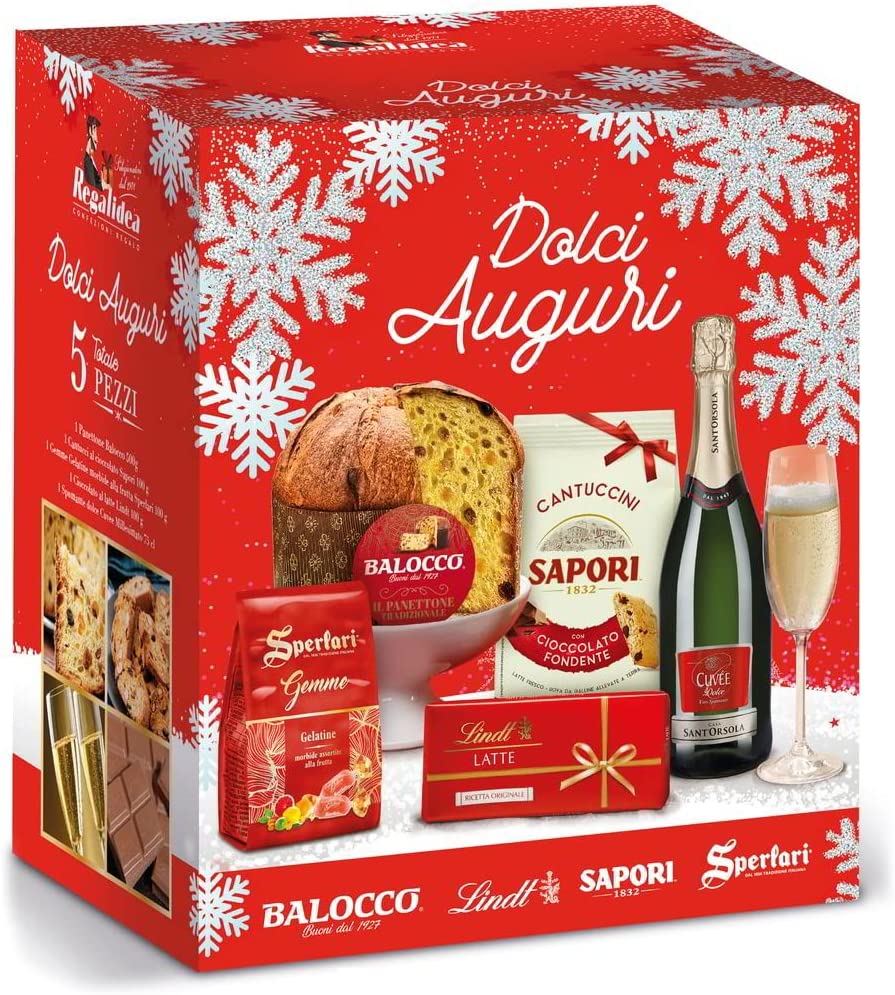Strenna DOLCI AUGURI 5 Pezzi - Cesto Natalizio con Panettone Balocco, Cantuccini, Cioccolato Lindt, Gelatine Sperlari e Spumante - Cesto Gourmet