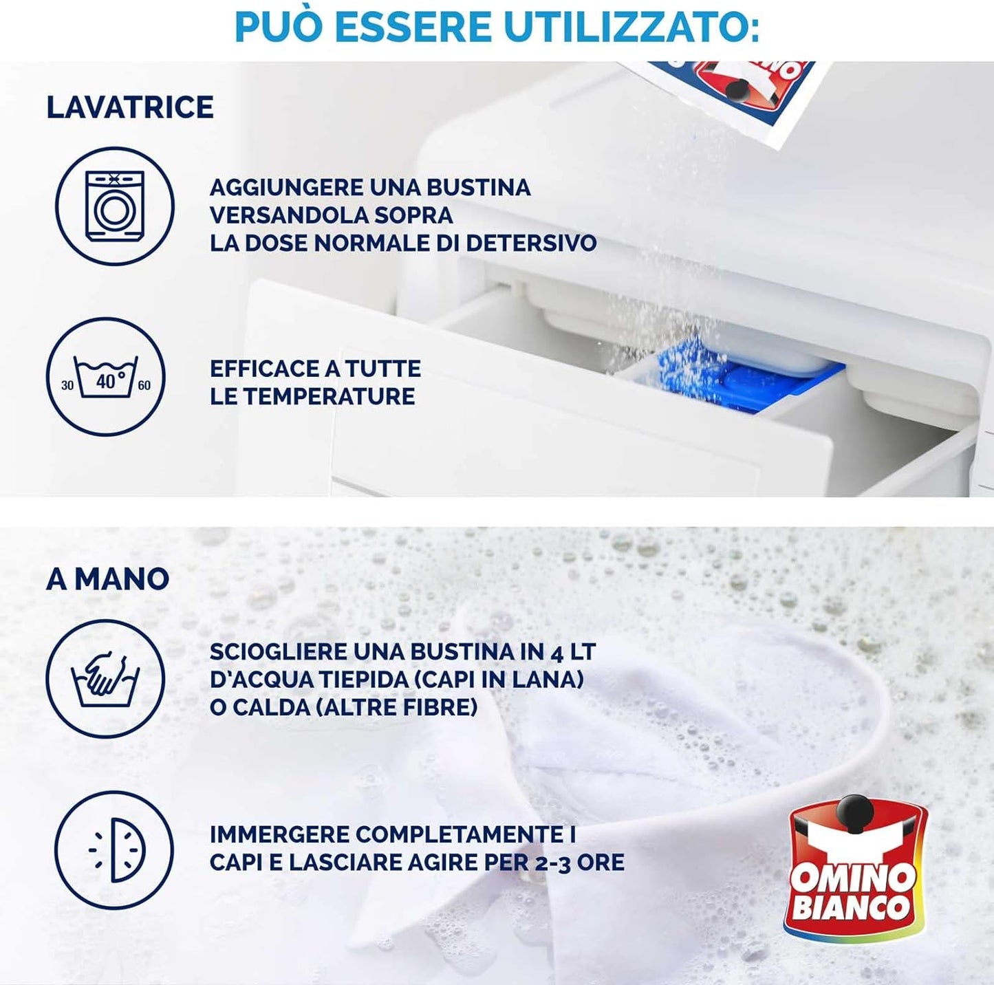 Omino Bianco - Sbianca Lana, in Polvere, per Capi Bianchi con Formula Sbianca e Smacchia, in Polvere 5 Buste ogni Confezione, 100g x 4 Confezioni