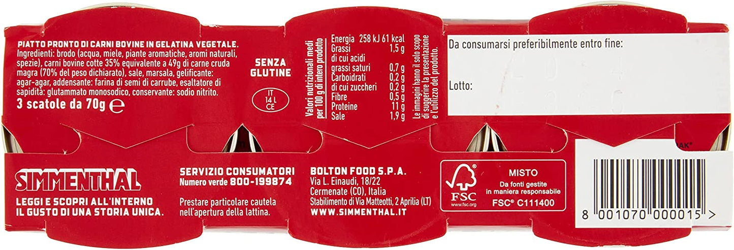 Simmenthal Carne di Bovino Magra Lessata con Gelatina Vegetale e Miele, 3 x 70g