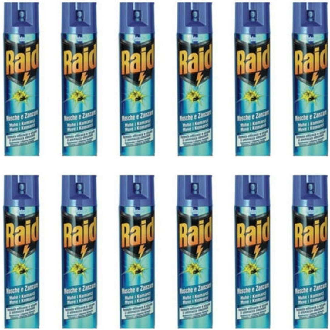12 x RAID MOSCHE e ZANZARE spray INSETTICIDA Efficace contro le vespe