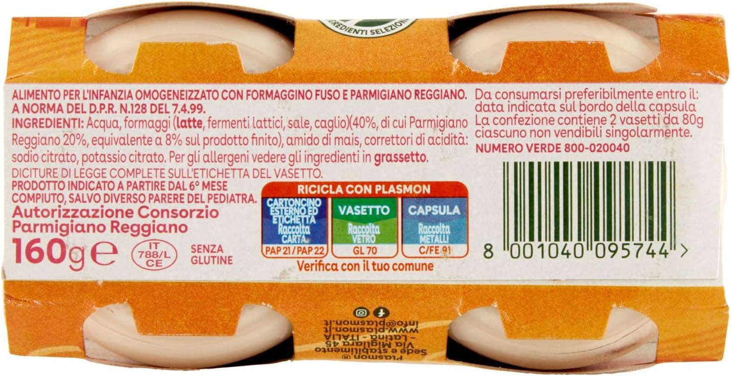 Plasmon Formaggino Fuso e Parmigiano Reggiano Omogeneizzato, 2 x 80g