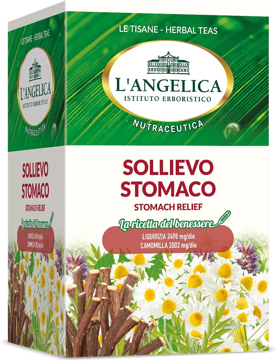 L'Angelica Tisana Sollievo dello Stomaco, Tisana Funzionale Azione Lenitiva e Calmante Contro i Bruciori Gastrici Grazie alle Proprietà di Camomilla e Liquirizia, 10 Confezioni da 20 Filtri Ciascuna