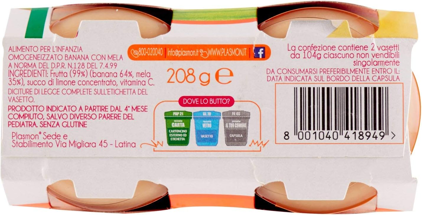 Plasmon Sapori Di Natura Omogeneizzato Banana E Mela 2x104g