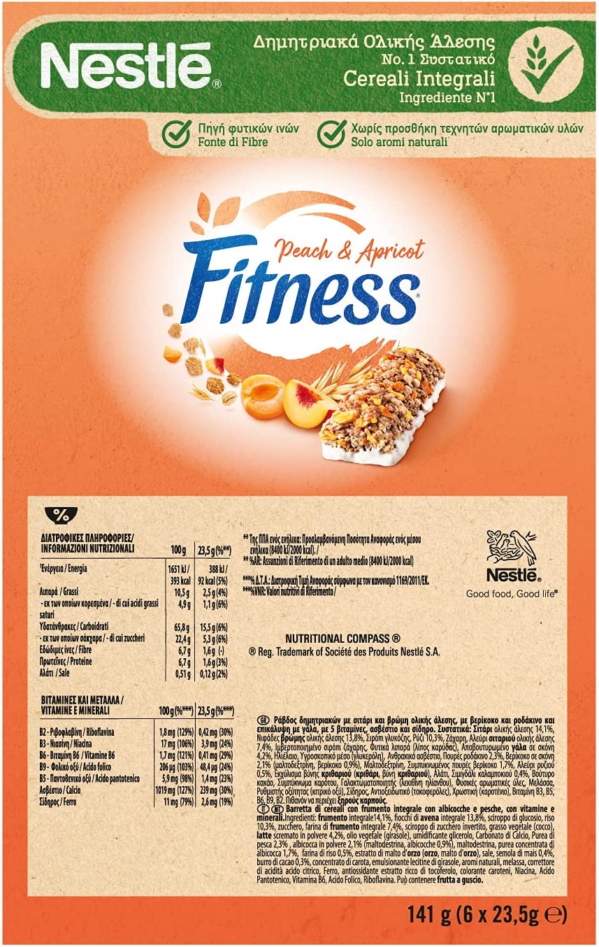 FITNESS Peach & Apricot Barrette di Cereali con Albicocche e Pesche, 6 Barrette da 23.5 g