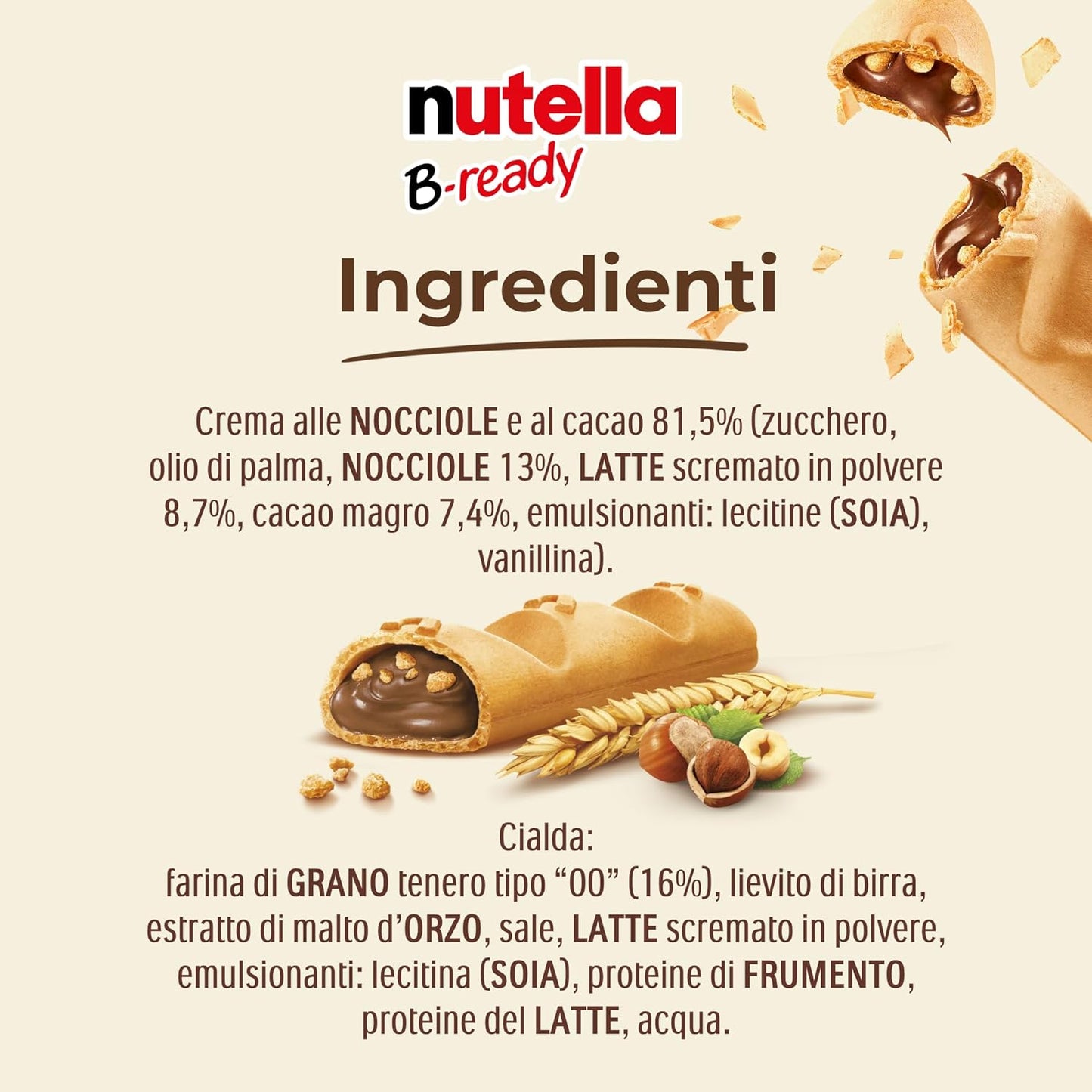 Nutella B-ready - 36 Snack Dolci Monoporzione, Croccante Cialda di Pane con un Cremoso Ripieno di Nutella, Dispenser da 792 gr