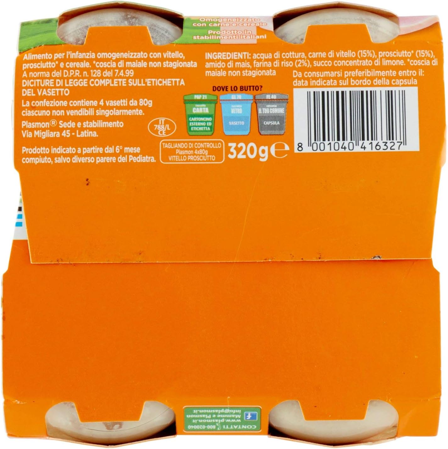 Plasmon Omogeneizzato Vitello e Prosciutto, 4 x 80 g, 320 grammo