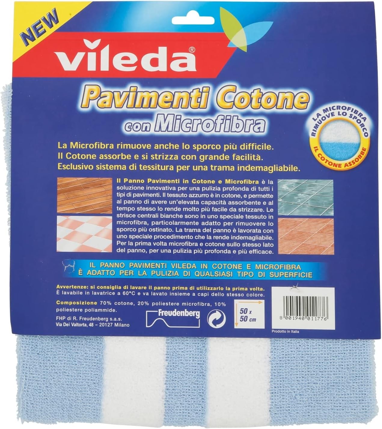 Vileda Panno Pavimenti Cotone con Microfibra, 50 x 50Cm