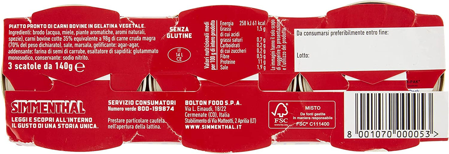 Simmenthal Carne di Bovino Magra Lessata con Gelatina Vegetale e Miele, 3 x 140g