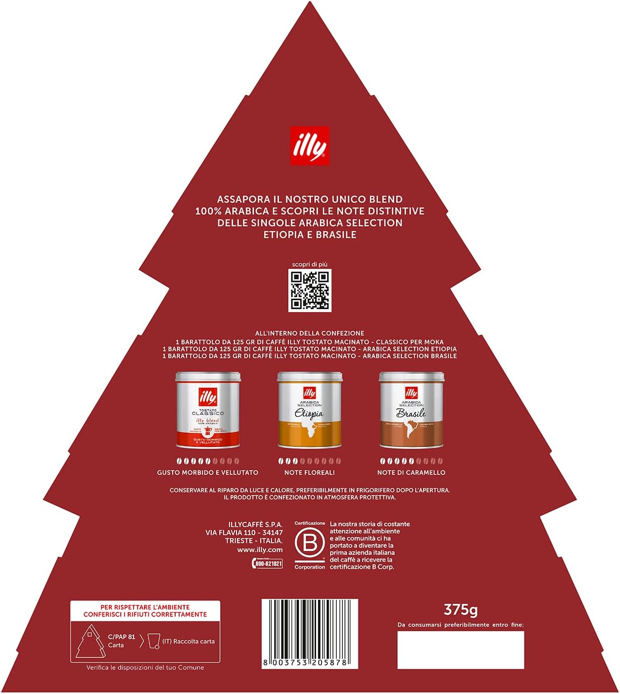 Illy, Confezione Regalo Albero di Natale - Tre barattoli di Caffè Macinato - Tostato Classico, Arabica Selection Brasile, Arabica Selection Etiopia- 3 confezioni da 125, Totale 375 grammi