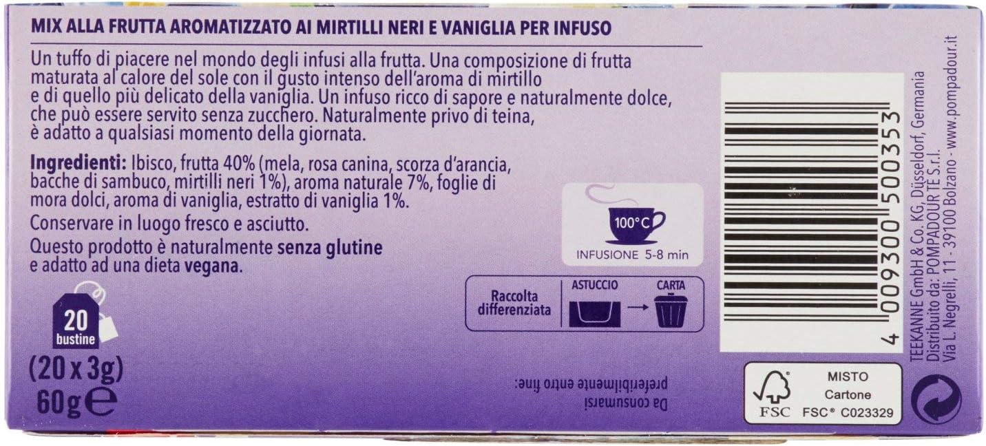 Pompadour Infusione per Bevande Calde Tentazioni al Mirtillo, 20 Filtri, 60g