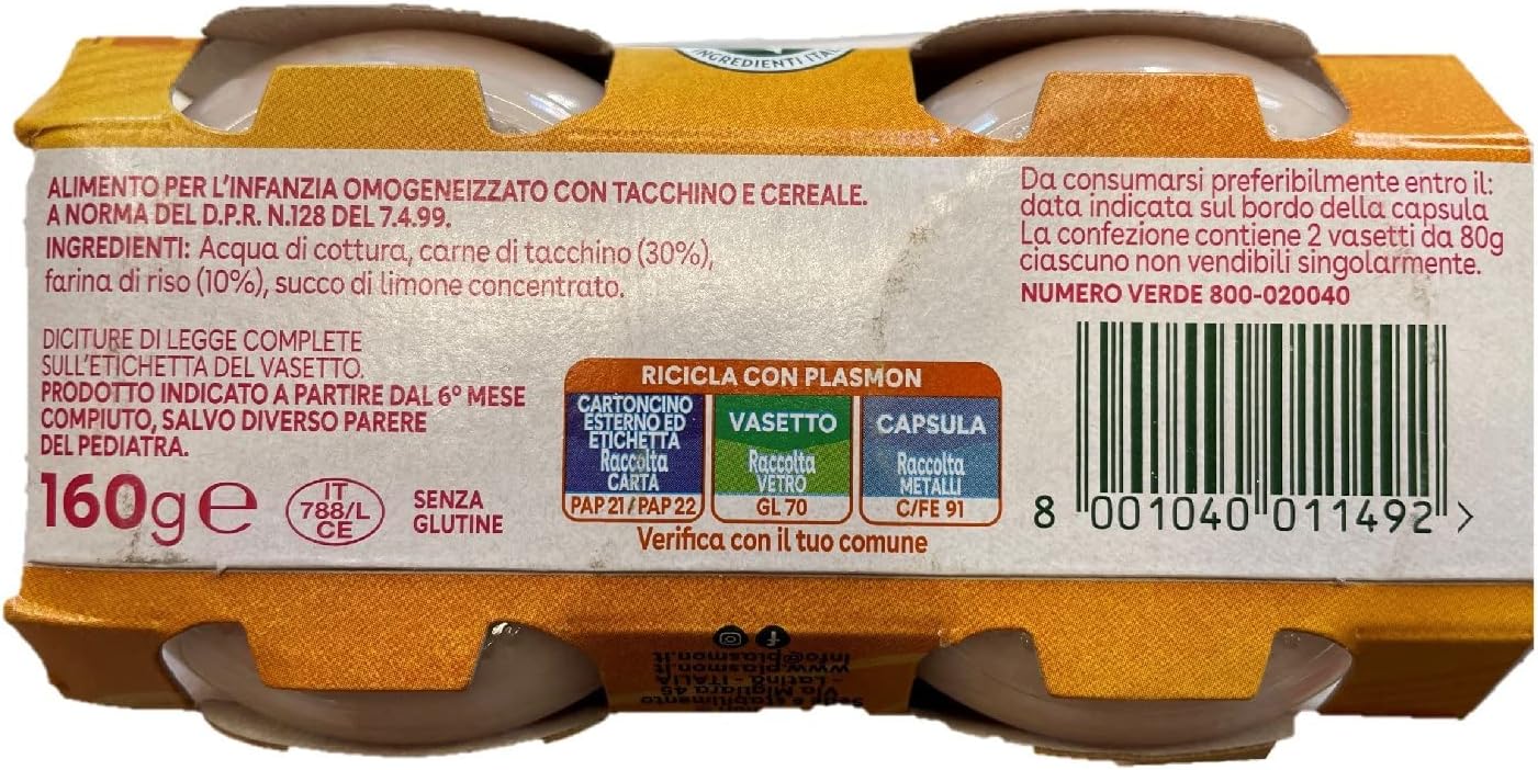 Plasmon Omogeneizzato Carne Tacchino e Cereale, 2 x 80g