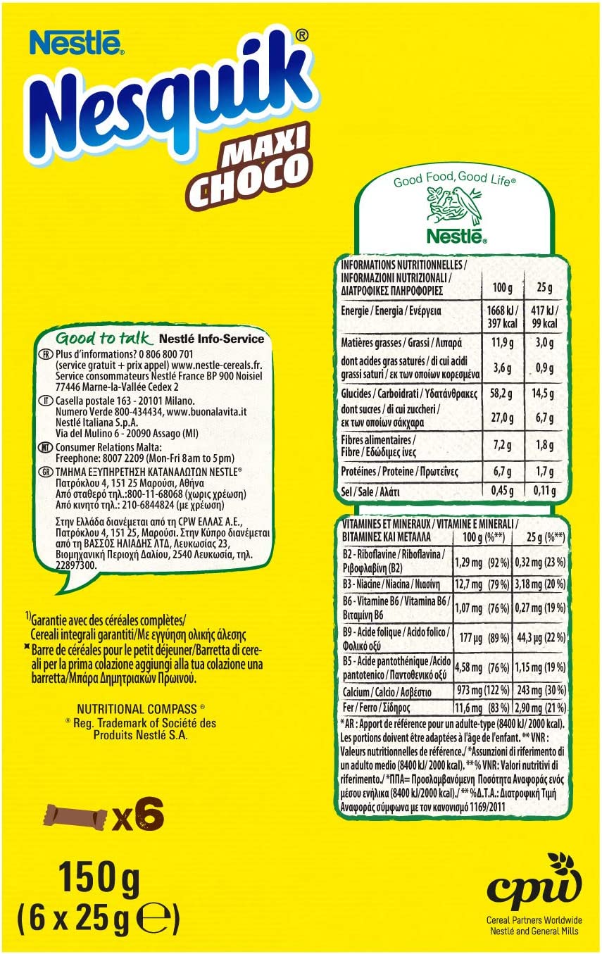 Nesquik Cereali Maxi Choco Barrette di Cereali al Cioccolato e al Latte, 6 Pezzi