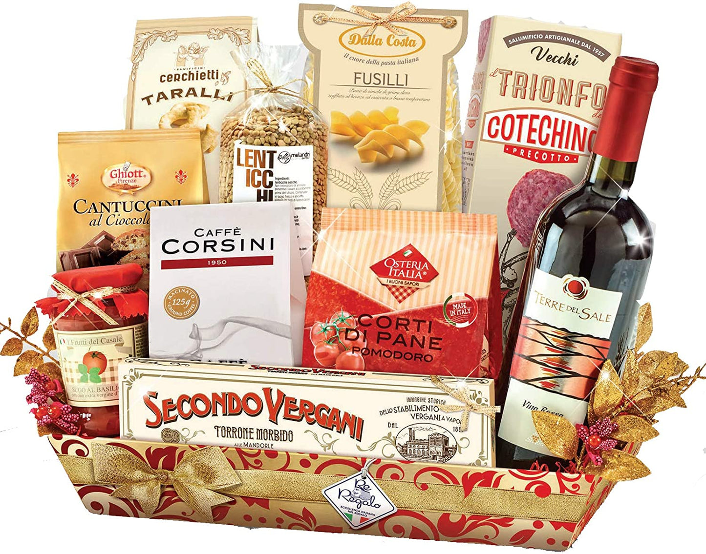 CESTA NATALE RE REGALO VITTORIA 11 PEZZI TORRONE COTECHINO PASTA CAFFE CORSINI