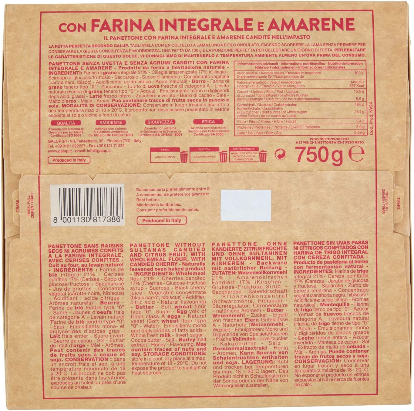 GALUP - PANETTONE INTEGRALE AMARENE - 750 GR