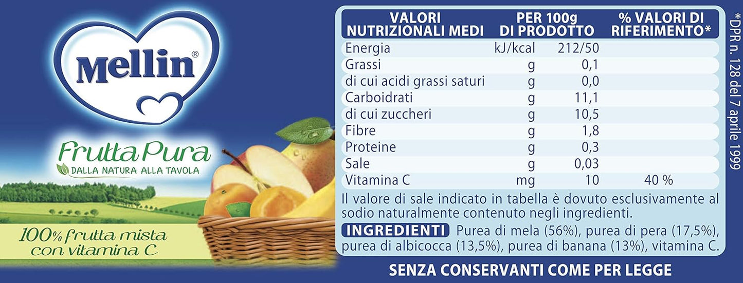 Mellin Frutta Pura Frutta Mista 100% Naturale – 24 Vasetti Da 100 Gr, Frutta