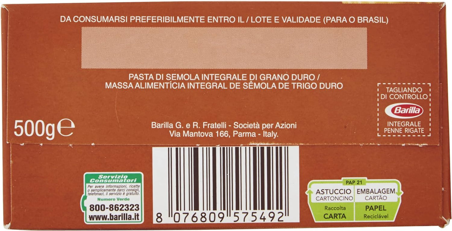 Barilla Pasta Penne Rigate Integrali, Pasta Corta di Semola Integrale di Grano Duro - 500 g