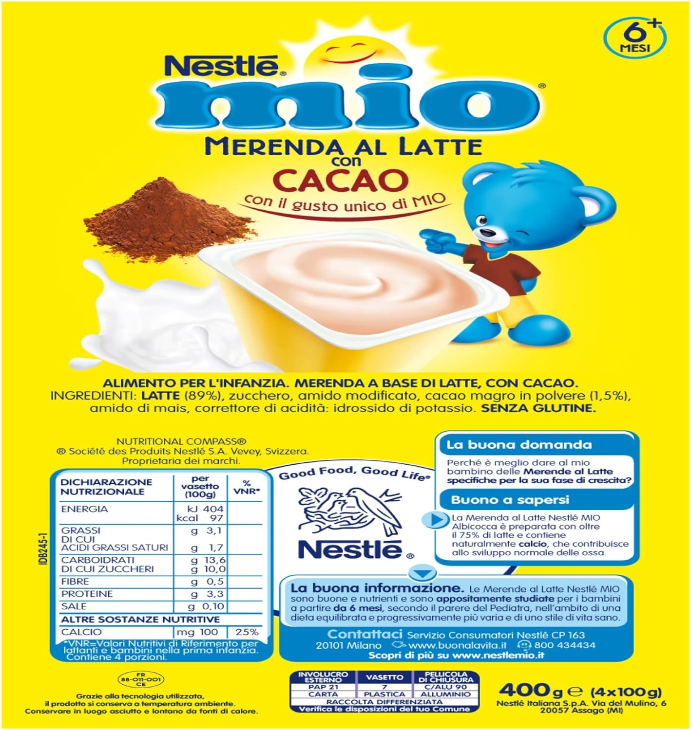NESTLÉ MIO Merenda al Latte Cacao, 24 Vasetti da 100g (2,4kg)