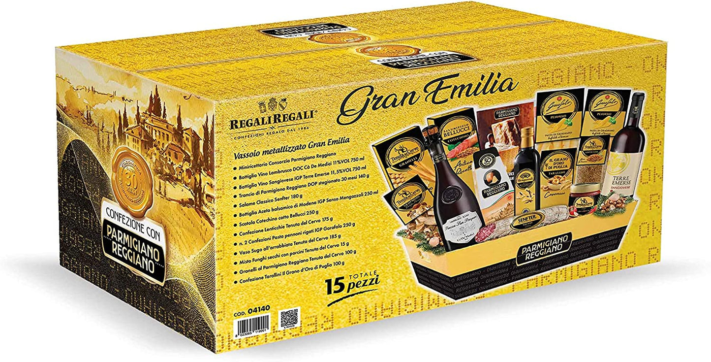 REGALI REGALI | Confezione Regalo "Cesto Gran Emilia", Cesto Alimentare Natalizio 14pz, Vassoio Composto da Vino, Parmigiano Reggiano DOP 30 Mesi, Sugo, Pasta, Ricettario e Tanto Altro, Idea Regalo