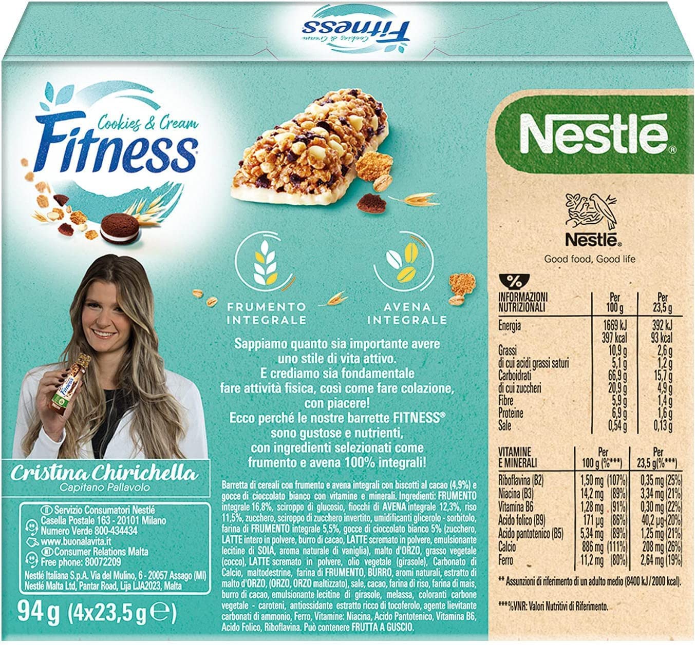 Nestle - Fitness Barrette Cookies and Cream al Cioccolato e Crema - Barretta con Frumento e Avena Integrale 94 g