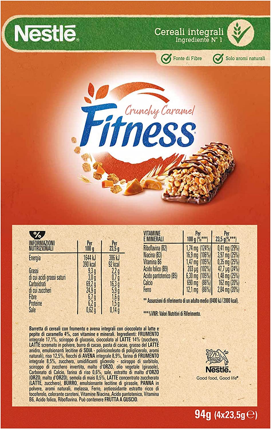 Fitness Crunchy Caramel, Barretta di Cereali Integrali, con Cioccolato e Caramello, 4 Pezzi