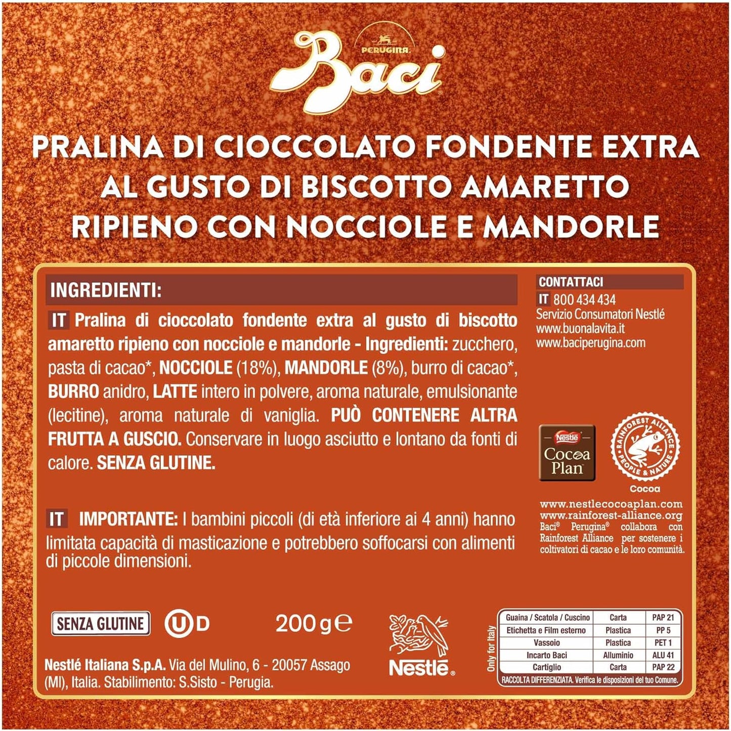 BACI PERUGINA Gusto Amaretto Cioccolatini Fondenti ripieni al Gianduia e gusto di Biscotto Amaretto, Scatola Regalo Natale 200g