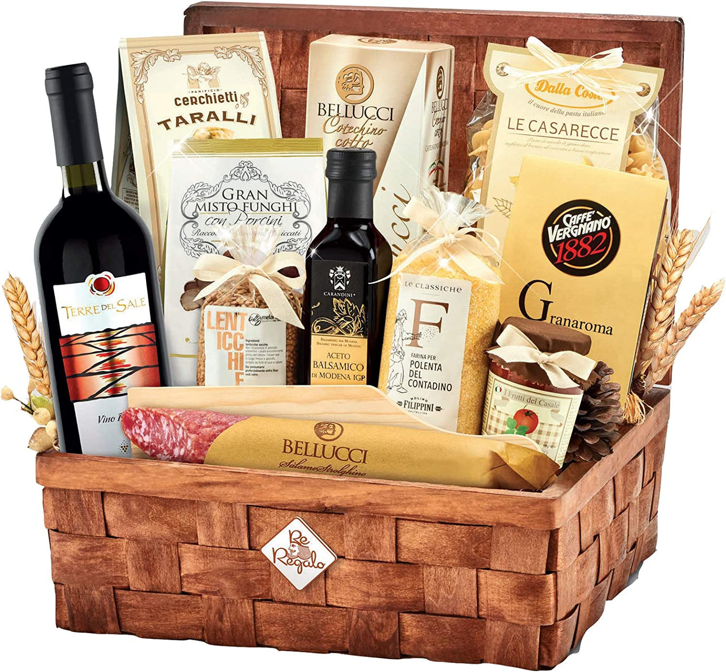 CESTA NATALE RE REGALO FORZIERE VALIGETTA PICNIC 13 PEZZI COTECHINO SALAME CAFFE