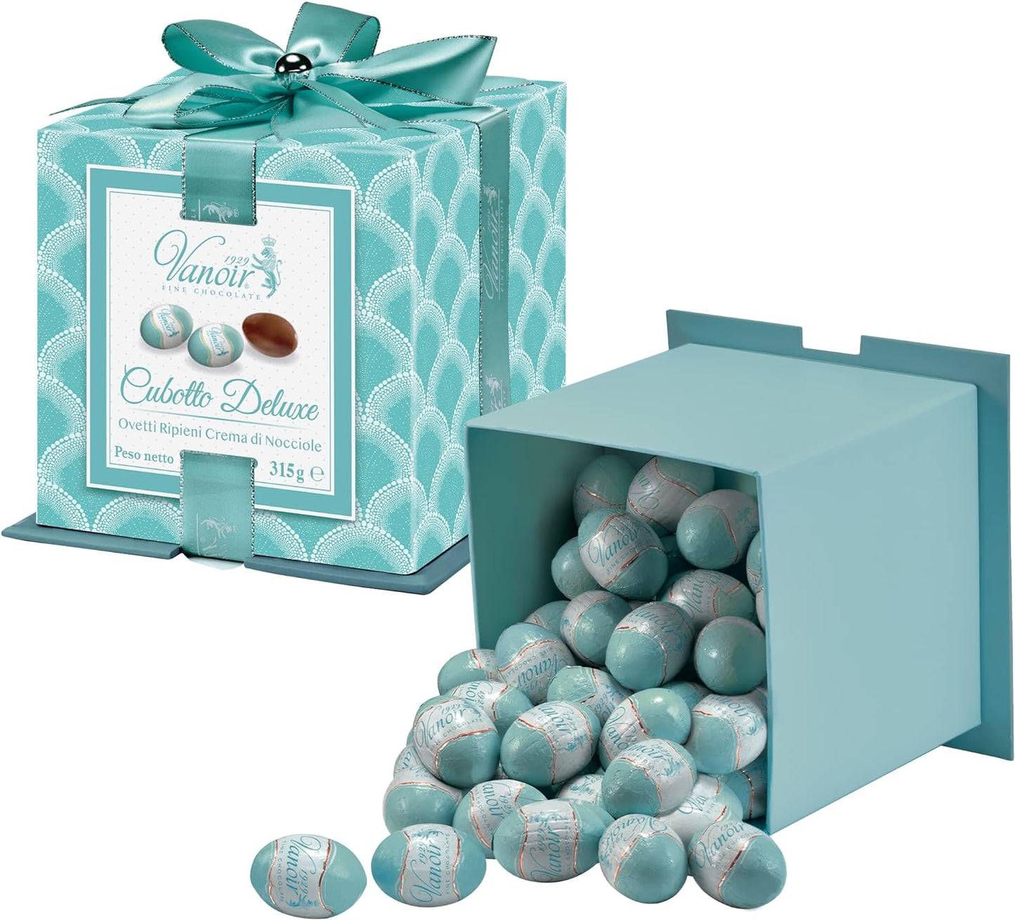 VANOIR Cubotto Deluxe Vanoir, Scatola Cioccolatini a Forma di Ovetti Pasquali Ripieni Con Crema di Nocciola, Confezione Pasqua, 315 g