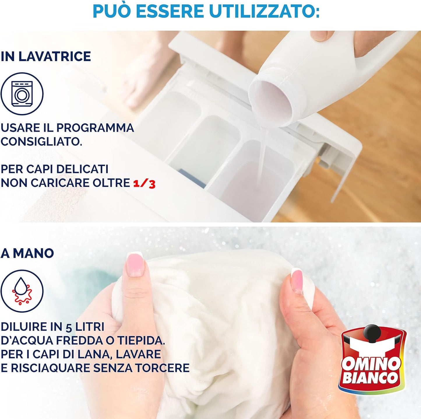 Omino Bianco - Detersivo Bivalente Liquido, Lavaggio a Mano e in Lavatrice, Essenza Muschio Bianco, 1000 ml