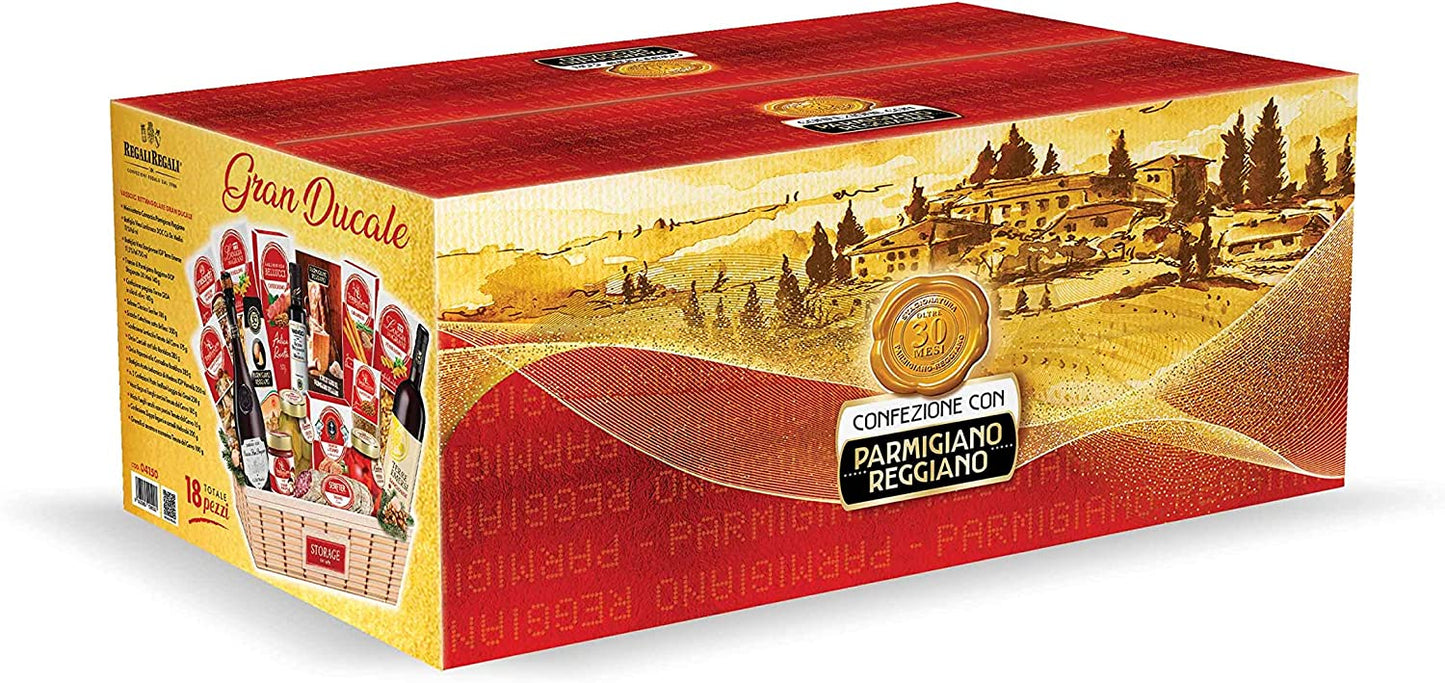 REGALI REGALI | Confezione Regalo "Cesto Gran Ducale", Cesto Alimentare Natalizio 17pz: Vassoio Composto da Vino, Parmigiano Reggiano, Pasta, Aceto Balsamico, Ricettario e Altro, Idea Regalo Natale