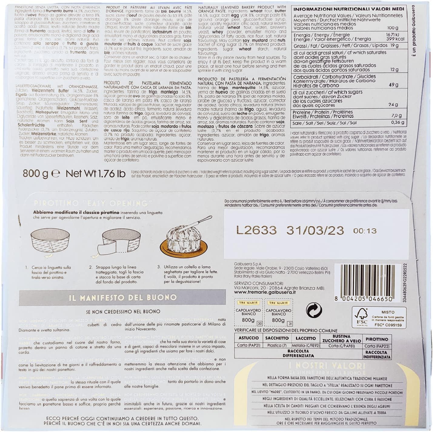 Tre Marie, Panettone Capolavoro Bianco Grano 100% Italiano, 800 g