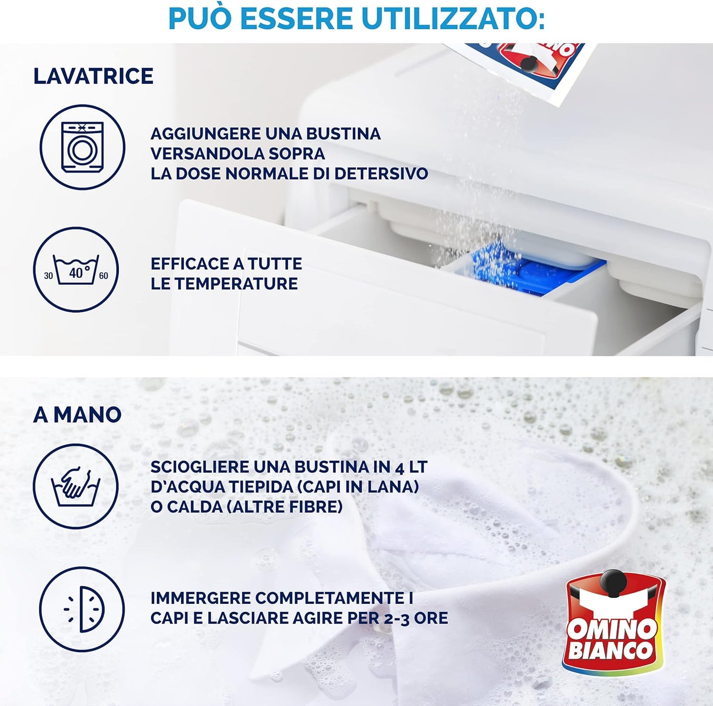 Omino Bianco - Sbianca Lana, in Polvere, per Capi Bianchi con Formula Sbianca e Smacchia, in Polvere 5 Buste x 100g, 1 Confezione