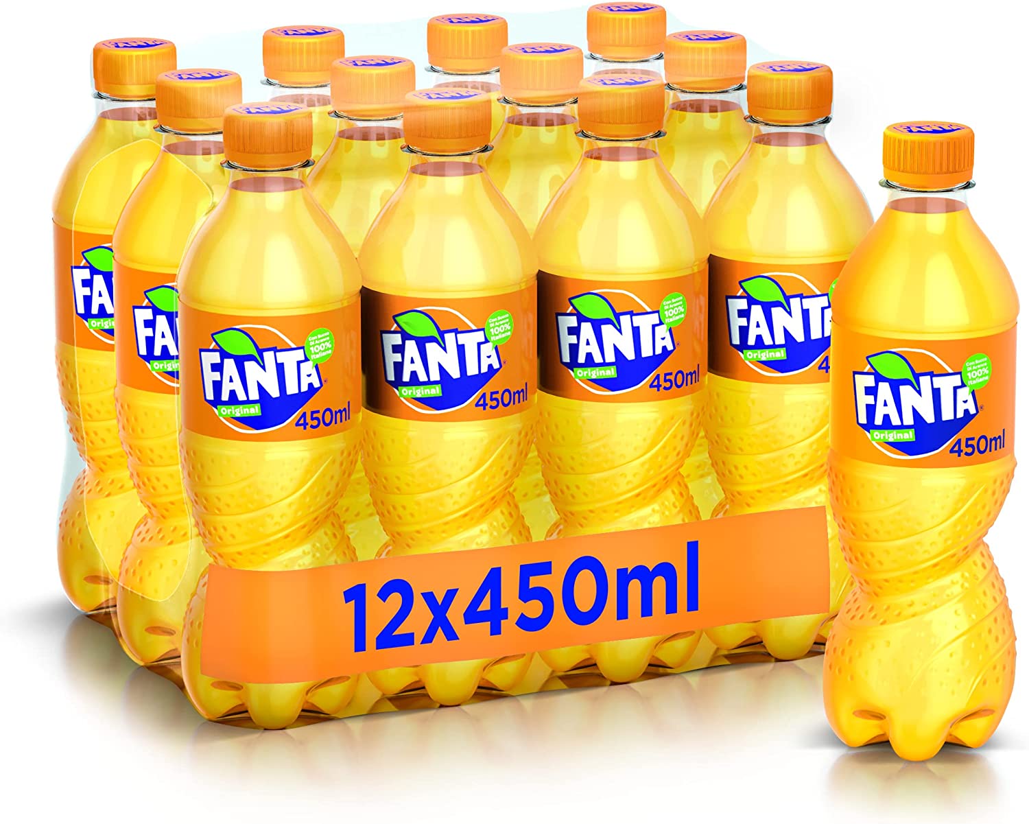 Fanta Original Gusto di Arancia – 12 Bottiglie da 450 ml, con Succo di  Arance Italiane, Senza Aggiunta di Conservanti, Bottiglia PET 100%  Riciclabile