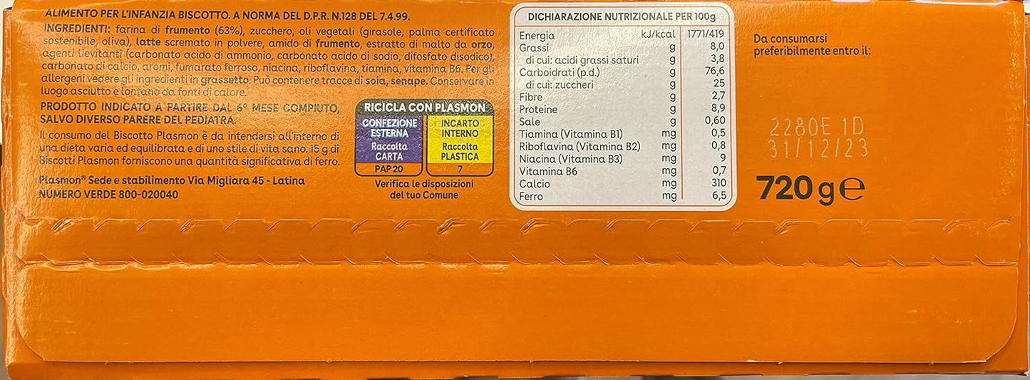 Plasmon il Biscotto,100% grano italiano selezionato, si scioglie in bocca e nel latte, Confezione da 6 x 720g