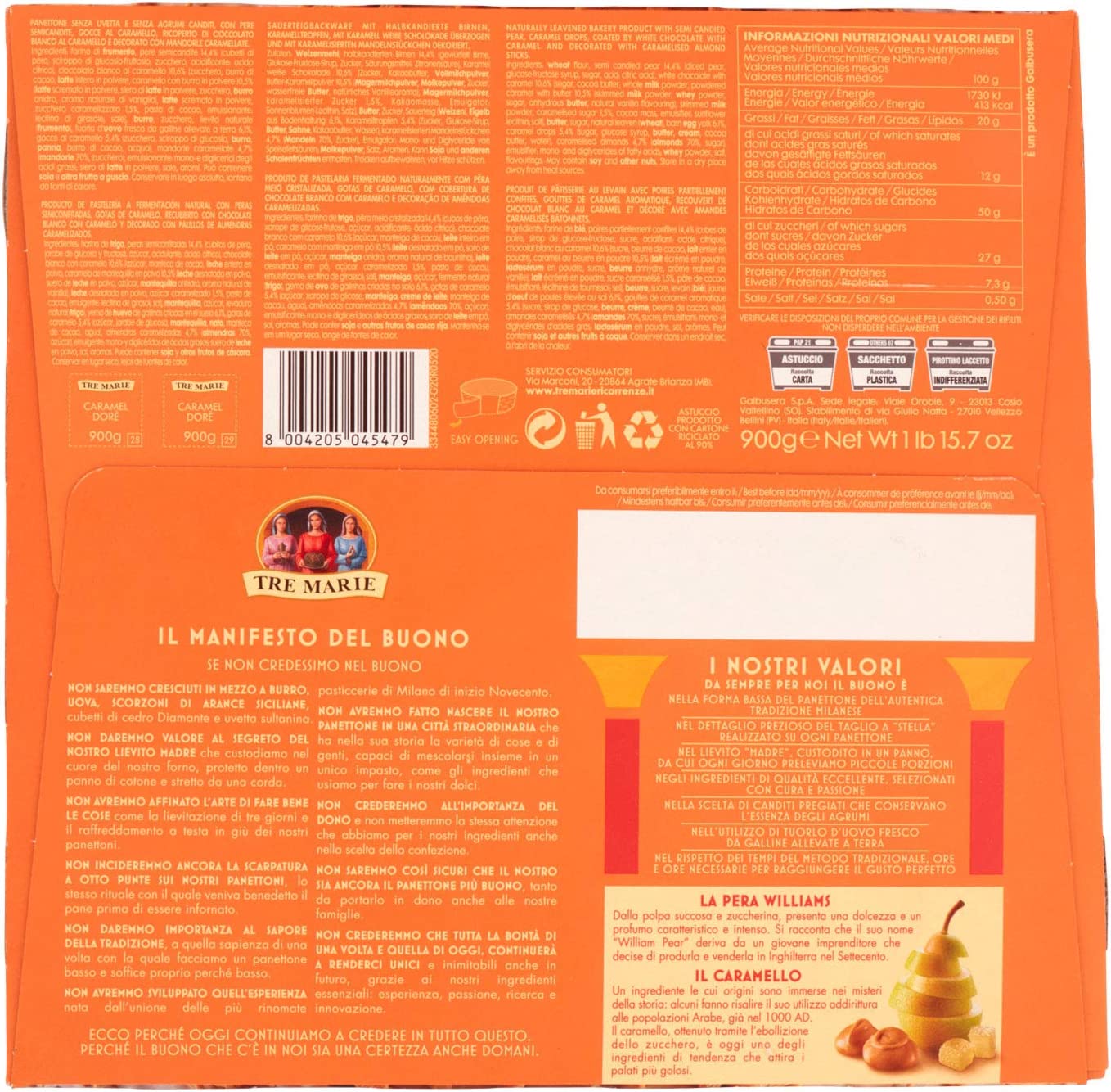 Tre Marie Panettone Con Gocce Di Caramello Copertura Cioccoalto Bianco Al Caramello E Cubetti Di Pere Williams, 900g