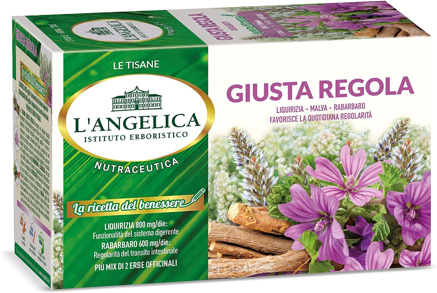 L'Angelica, Tisana Funzionale La Giusta Regola, Favorisce la Quotidiana Regolarità, Infuso con Estratti di Rabarbaro, Liquirizia, Finocchio e Malva, Vegan, 10 Confezioni da 20 Filtri Ciascuna