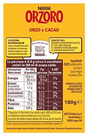 Nestlé ORZORO Orzo e Cacao Solubile Barattolo, 180 g