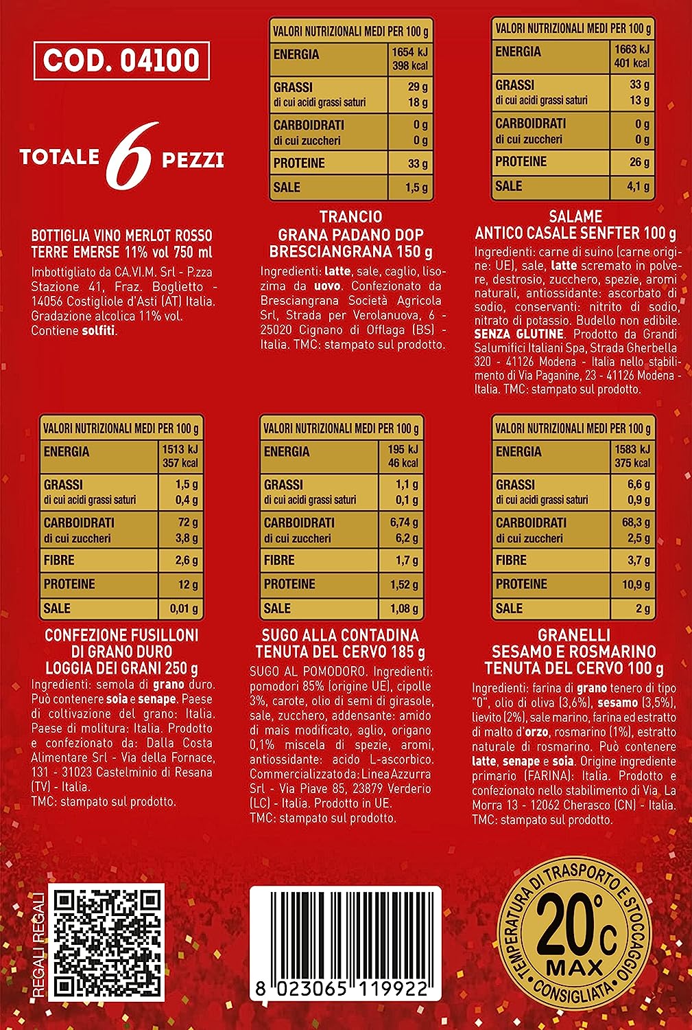 REGALI REGALI | Confezione Regalo "Gran Tradizione", Cesto Alimentare Natalizio, Scatola con Bottiglia di Vino, Grana Padano DOP, Pasta, Sugo alla Contadina, Granelli, Idea Regalo Natale