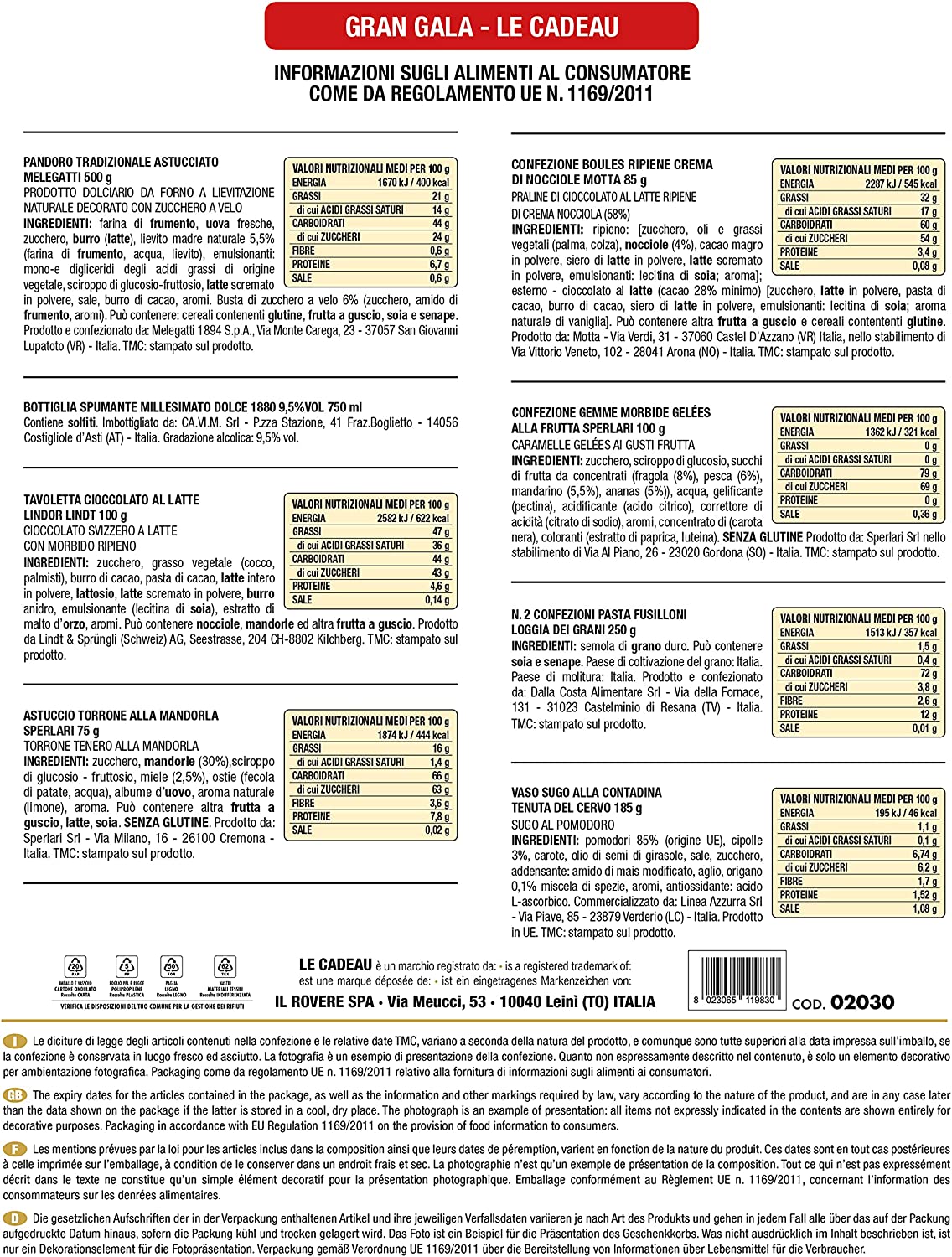 LE CADEAU | Confezione Regalo "Gran Galà", Cesto Alimentare Natalizio, Vassoio Composto Da Pandoro Melegatti, Spumante, Cioccolato Lindt, Torrone Sperlari, Fussiloni e Molto Altro, Idea Regalo Natale