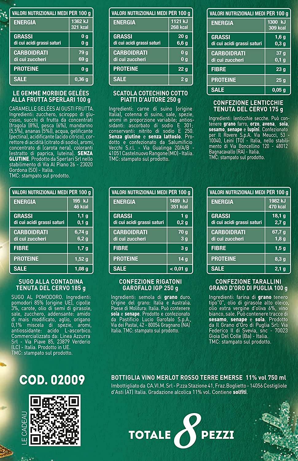 LE CADEAU | Confezione Regalo "Scatola Pranzo di Natale", Confezione Alimentare Natalizia 8pz: Vino, Gelèes Alla Frutta, Lenticchie, Cotechino, Rigatoni, Sugo e Tarallini, Idea Regalo Natale