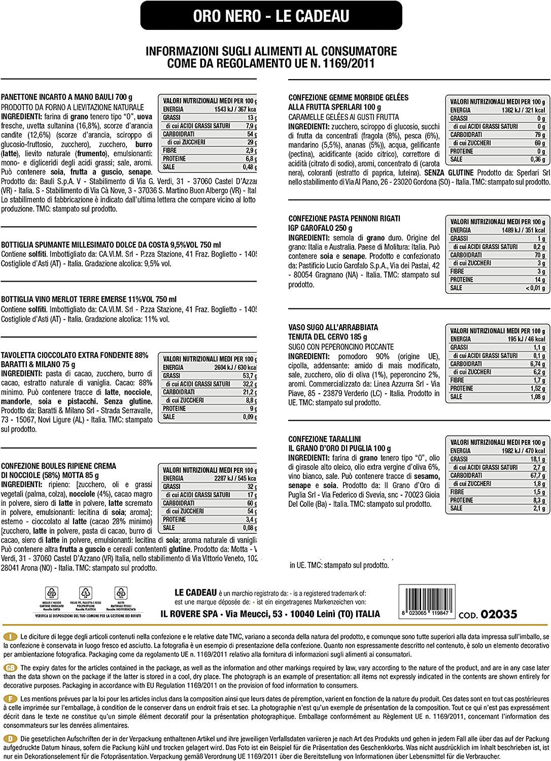 LE CADEAU | Confezione Regalo "Oro Nero", Cesto Alimentare Natalizio, Vassoio 10pz Composto Da Panettone Bauli, Spumante, Vino, Cioccolato Fondente, Pasta, Tarallini e Tanto Altro, Idea Regalo Natale