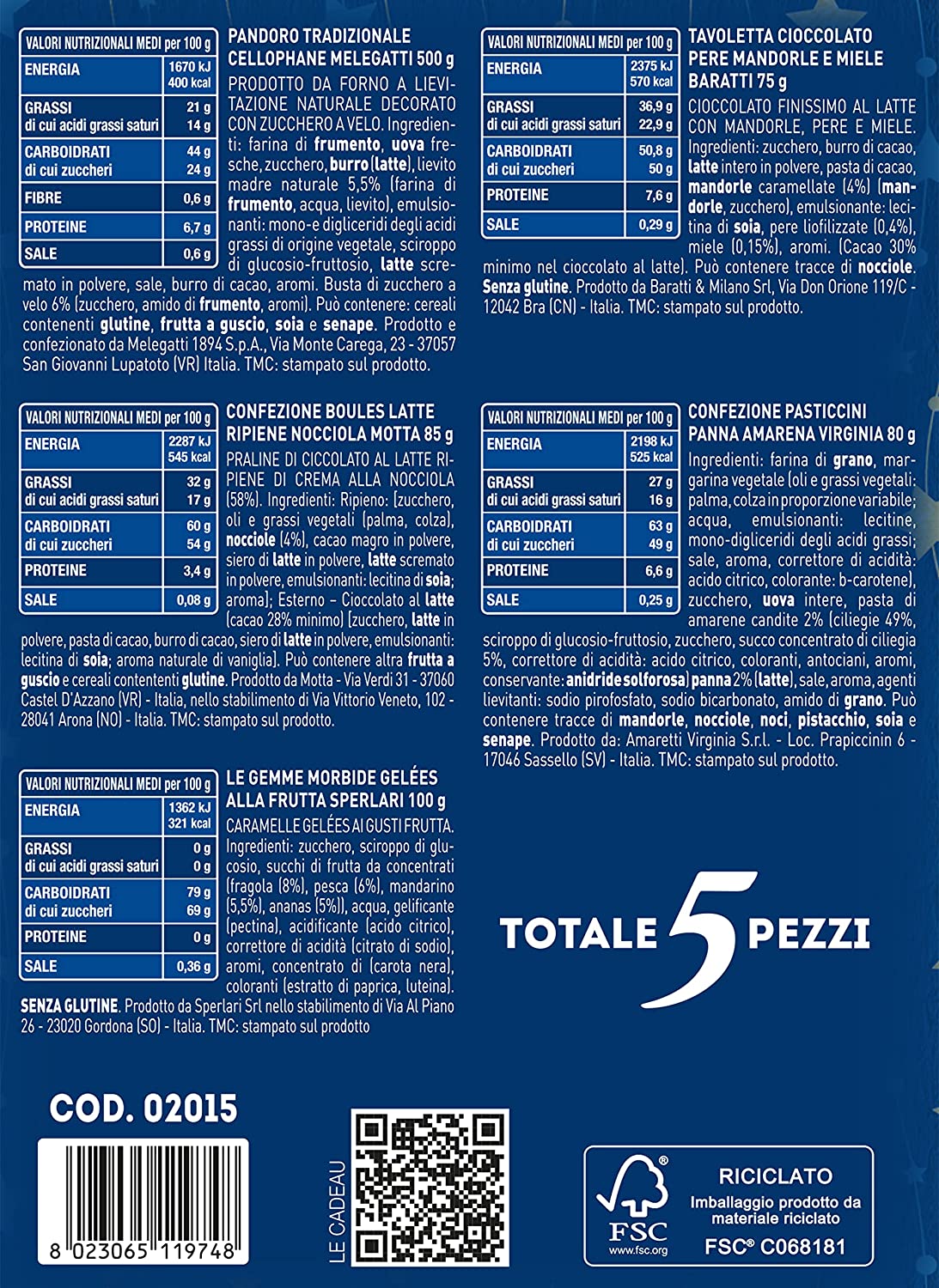 LE CADEAU | Confezione Regalo "Scatola Serigrafata Gioiello", Confezione Alimentare Natalizia 5 Pezzi: Pandoro Melegatti, Tavoletta Cioccolato, Gelèes Alla Frutta e Tanto Altro, Idea Regalo Natale