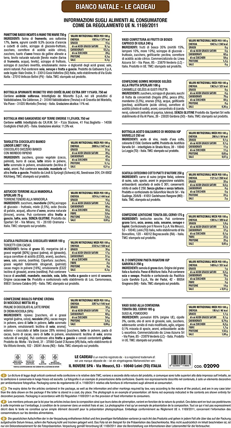 LE CADEAU | Confezione Regalo "Bianco Natale", Cesto Alimentare Natalizio, Vassoio 15pz Composto Da Panettone Tre Marie, Spumante, Vino, Pasticcini, Aceto Balsamico, Sugo e Tanto Altro, Idea Regalo