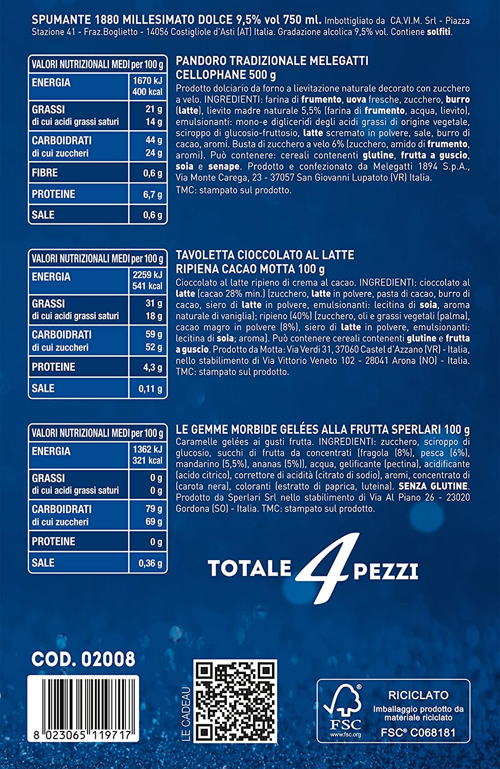 LE CADEAU | Confezione Regalo "Scatola Natale In Festa Pandoro", Confezione Alimentare Natalizia 4 Pezzi: Pandoro Melegatti, Spumante, Tavoletta Cioccolato, Gelèes Alla Frutta, Idea Regalo Natale