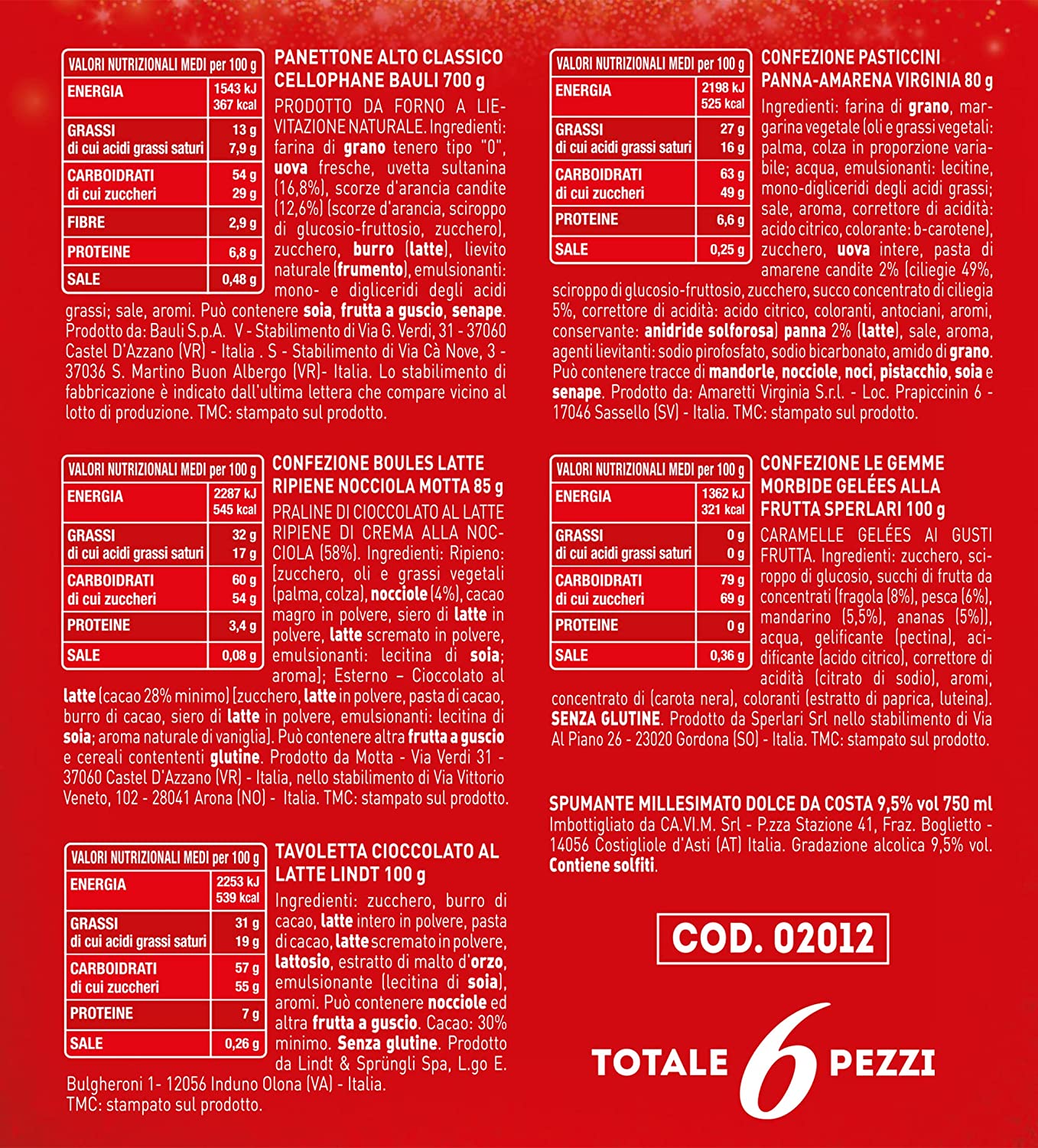 LE CADEAU | Confezione Regalo "Dolce Natale Panettone", Confezione Alimentare Natalizia 6pz: Panettone Bauli, Spumante, Cioccolato Lindt, Pasticcini, Gelèes Alla Frutta e Altro, Idea Regalo Natale