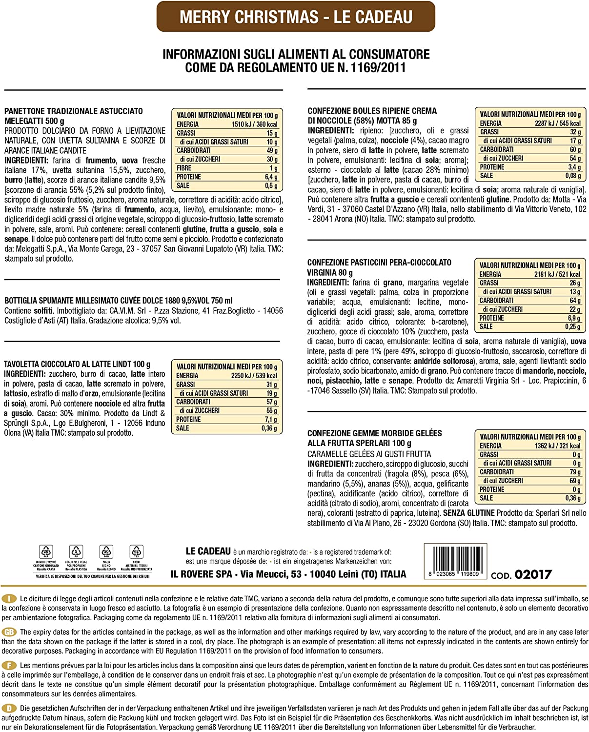 LE CADEAU | Confezione Regalo "Merry Christmas", Cesto Alimentare Natalizio, Vassoio Composto da Panettone Melegatti, Spumante, Cioccolato Lindt, Gelèes alla Frutta e Altro, Idea Regalo Natale